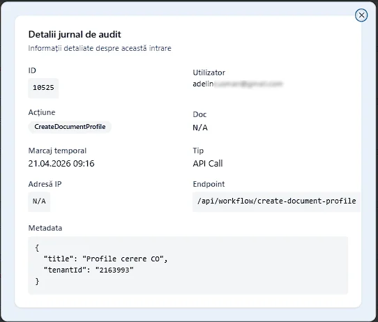 Detalii extinse ale unei intrări în jurnalul de audit Doxera