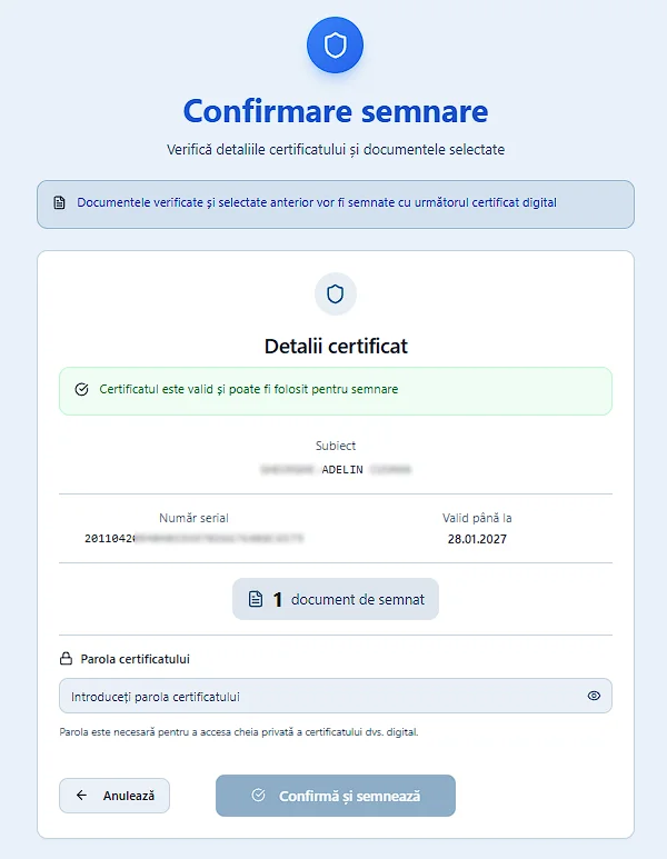 Confirmare semnare document în Doxera