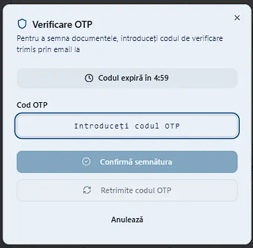 Ecran introducere cod OTP pentru semnare în Doxera