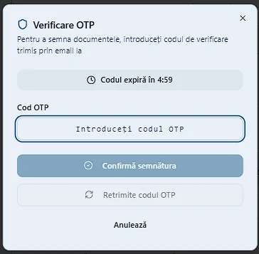 Ecran introducere cod OTP pentru semnare în Doxera