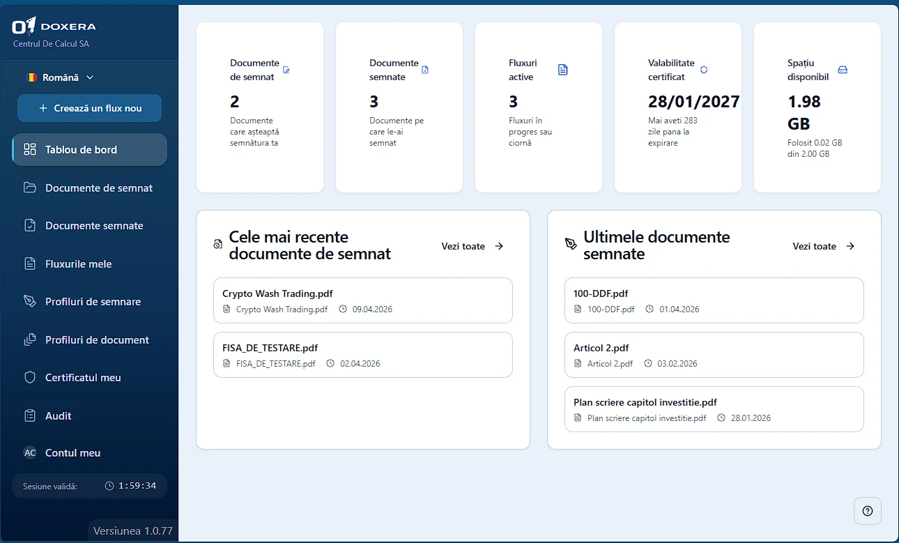 Tablou de bord Doxera cu documente și status de conformitate